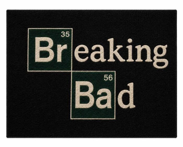Breaking Bad inspired black tufted rug featuring bold cream typography and dark green graphic blocks
