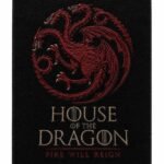 House of the Dragon fantasy rug with three-headed red dragon artwork, bold typography and contrasting black and cream design