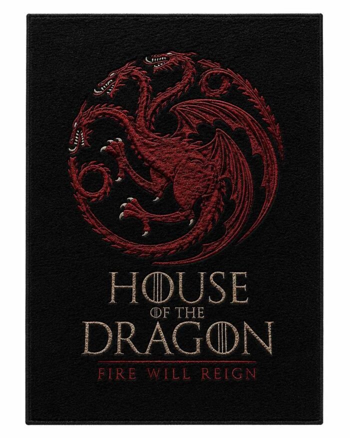 House of the Dragon fantasy rug with three-headed red dragon artwork, bold typography and contrasting black and cream design