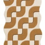 Calyvane hand tufted irregular rug with flowing tan and ivory geometric forms and organically curved edges