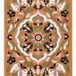 Close-up of Calveria carpet showing its central floral medallion, scrolling vines, pink and ivory flowers, and sage green leaves