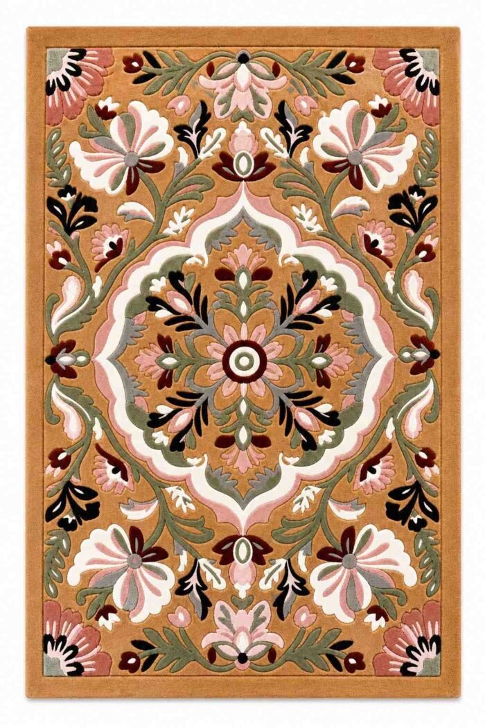 Close-up of Calveria carpet showing its central floral medallion, scrolling vines, pink and ivory flowers, and sage green leaves