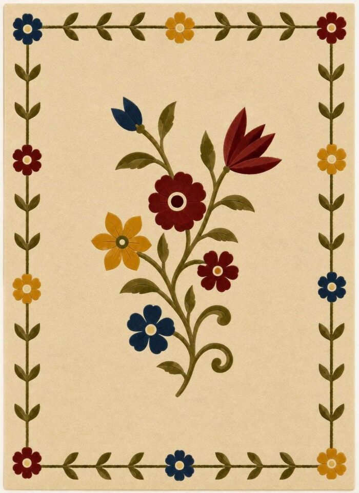 Lioravine hand tufted floral rug with cream background, colorful botanical flowers, leafy vines and an ornamental border