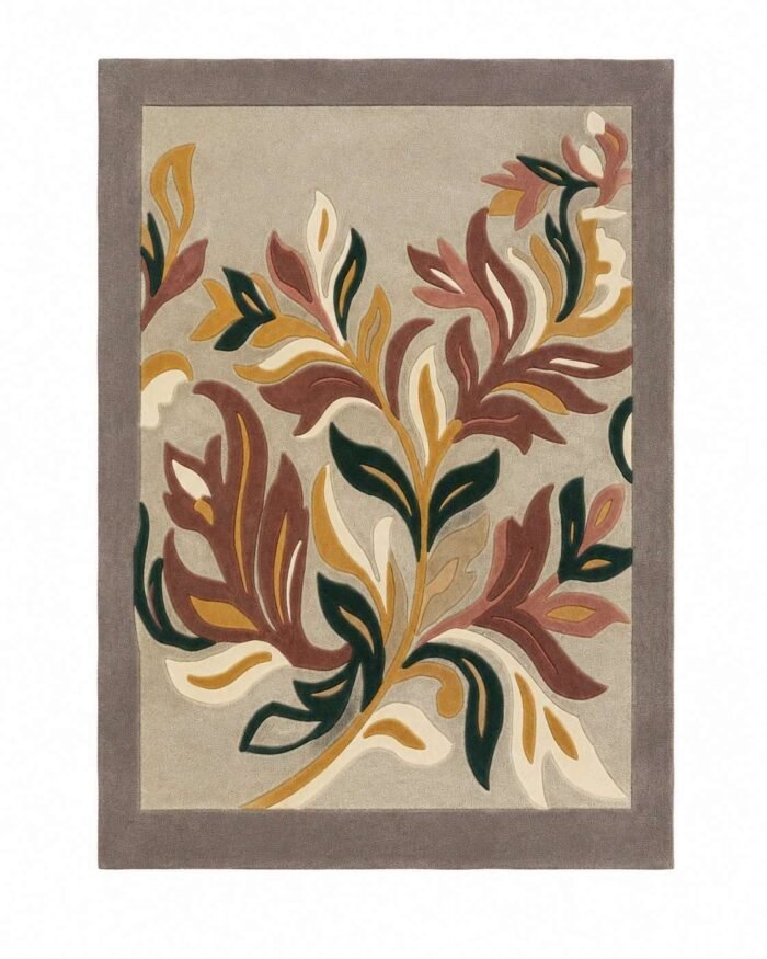Virellia hand tufted floral carpet with cream background and flowing red, mustard, green, brown, and blush botanical motifs