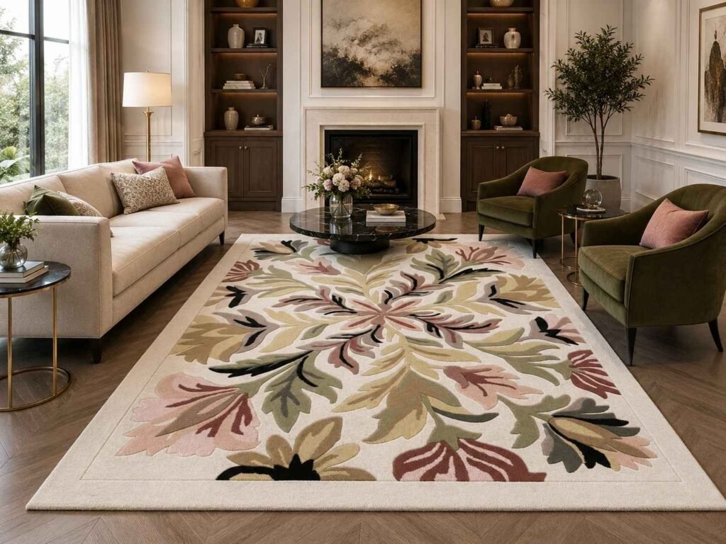 Carpet design ideas for 2026: modern patterns worth knowing before you buy 4 Elarivane artistic floral carpet displaying a balanced botanical composition with a cream field and soft earthy floral colors