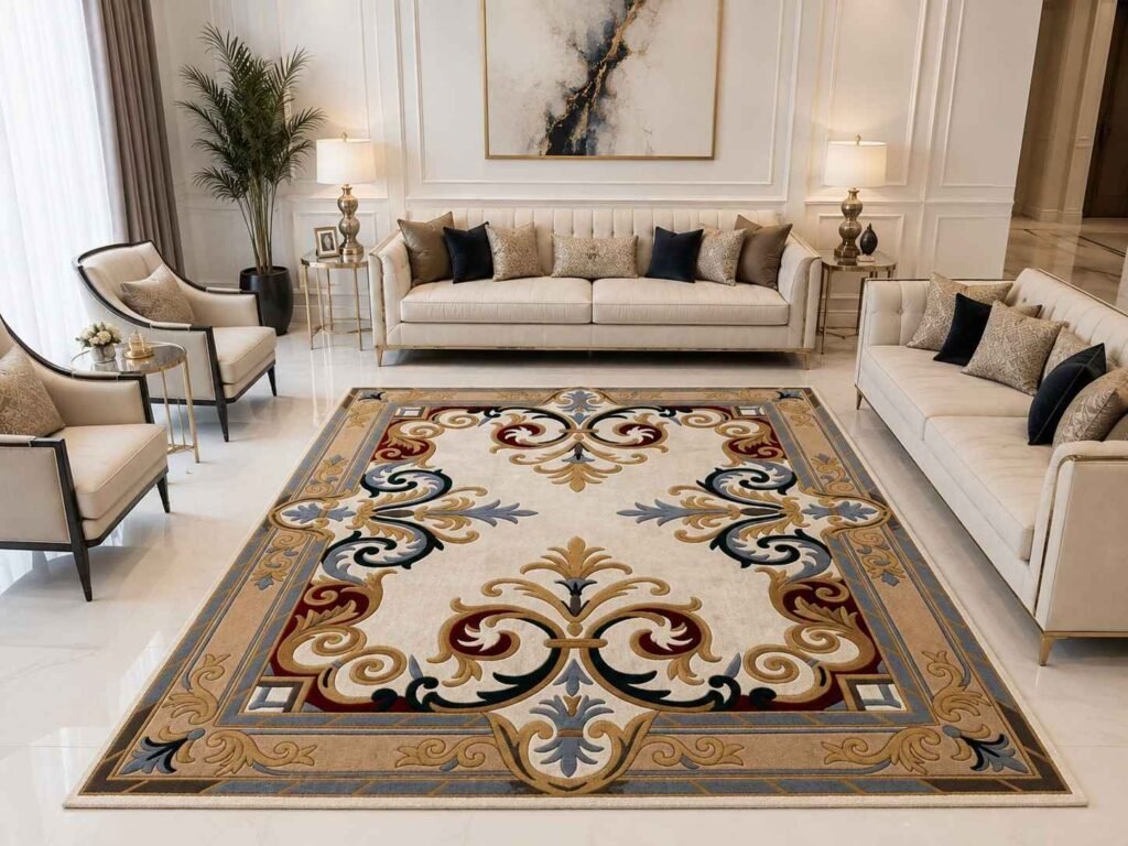 Carpet design ideas for 2026: modern patterns worth knowing before you buy 9 Acanthara Rug with an ornamental border featuring scrolling foliage, floral elements, slate blue, taupe and gold accents