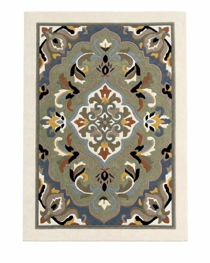 Aveloire hand tufted floral medallion carpet with sage green, dusty blue, cream, ochre, rust, and black details