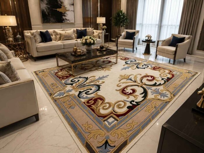 Acanthara hand tufted ornamental rug with an ivory field, symmetrical floral scrollwork and rich burgundy, gold and slate blue accents