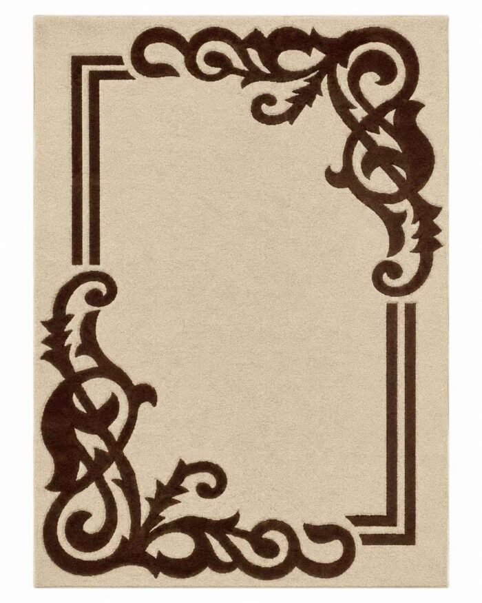 Elvarenne hand tufted ivory carpet with dark brown botanical ornaments and a refined double-line border