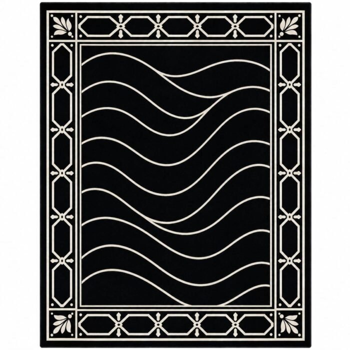 Ondevia black and ivory hand tufted carpet with flowing wave lines and a detailed geometric border