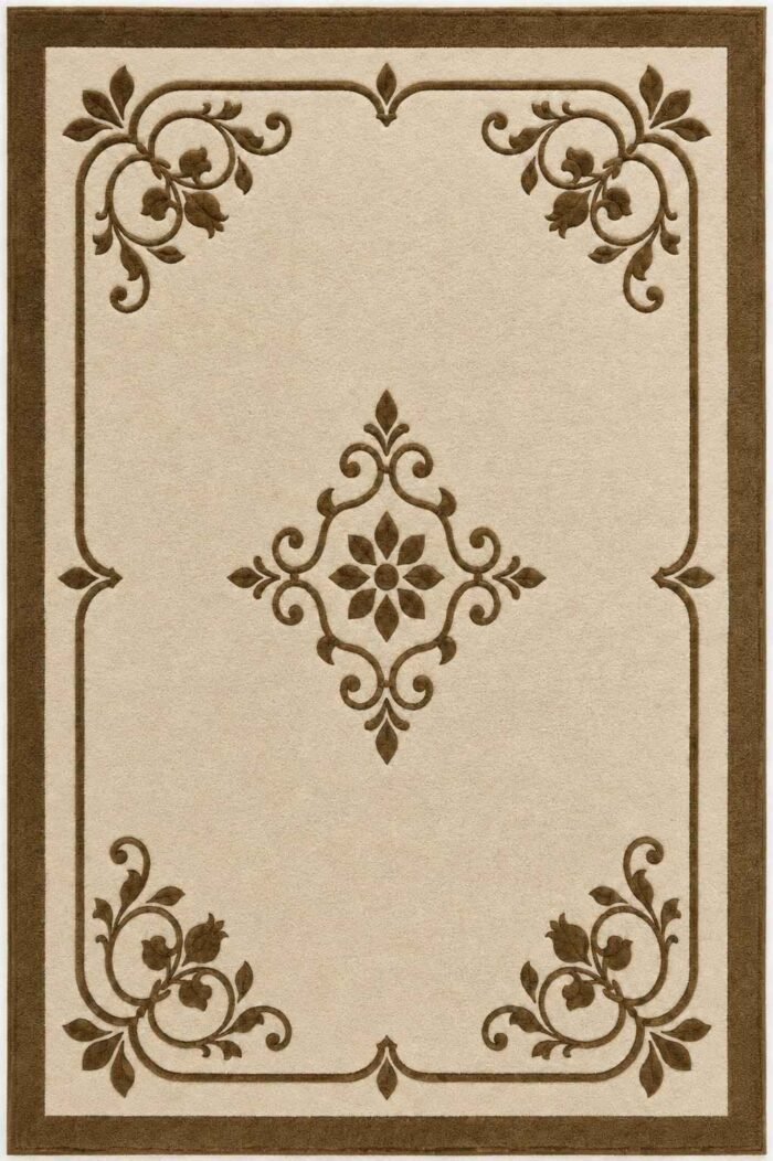 Ornella hand tufted floral carpet with cream background, brown ornamental border, and elegant central floral detailing
