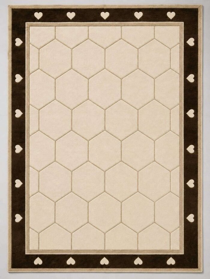 Close view of Hexalure hand tufted carpet showing its subtle honeycomb geometric pattern, cream surface and ornamental border