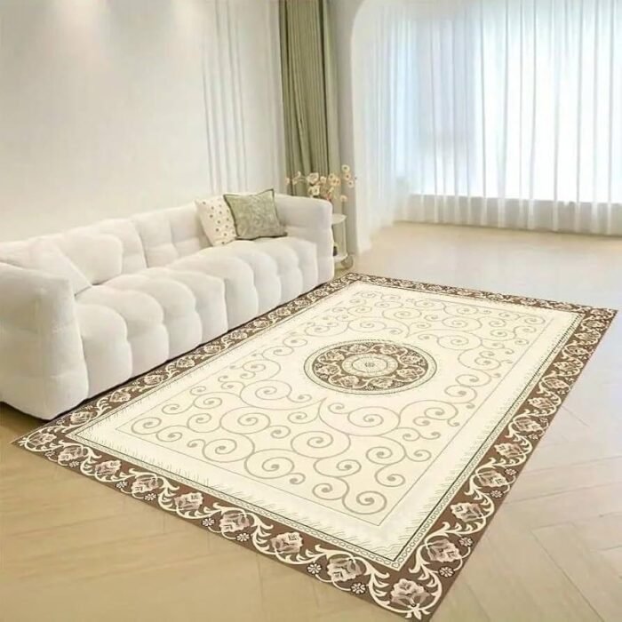 Aurevantis hand tufted traditional rug with an ivory field, central medallion, delicate scrollwork and ornate dark brown floral border