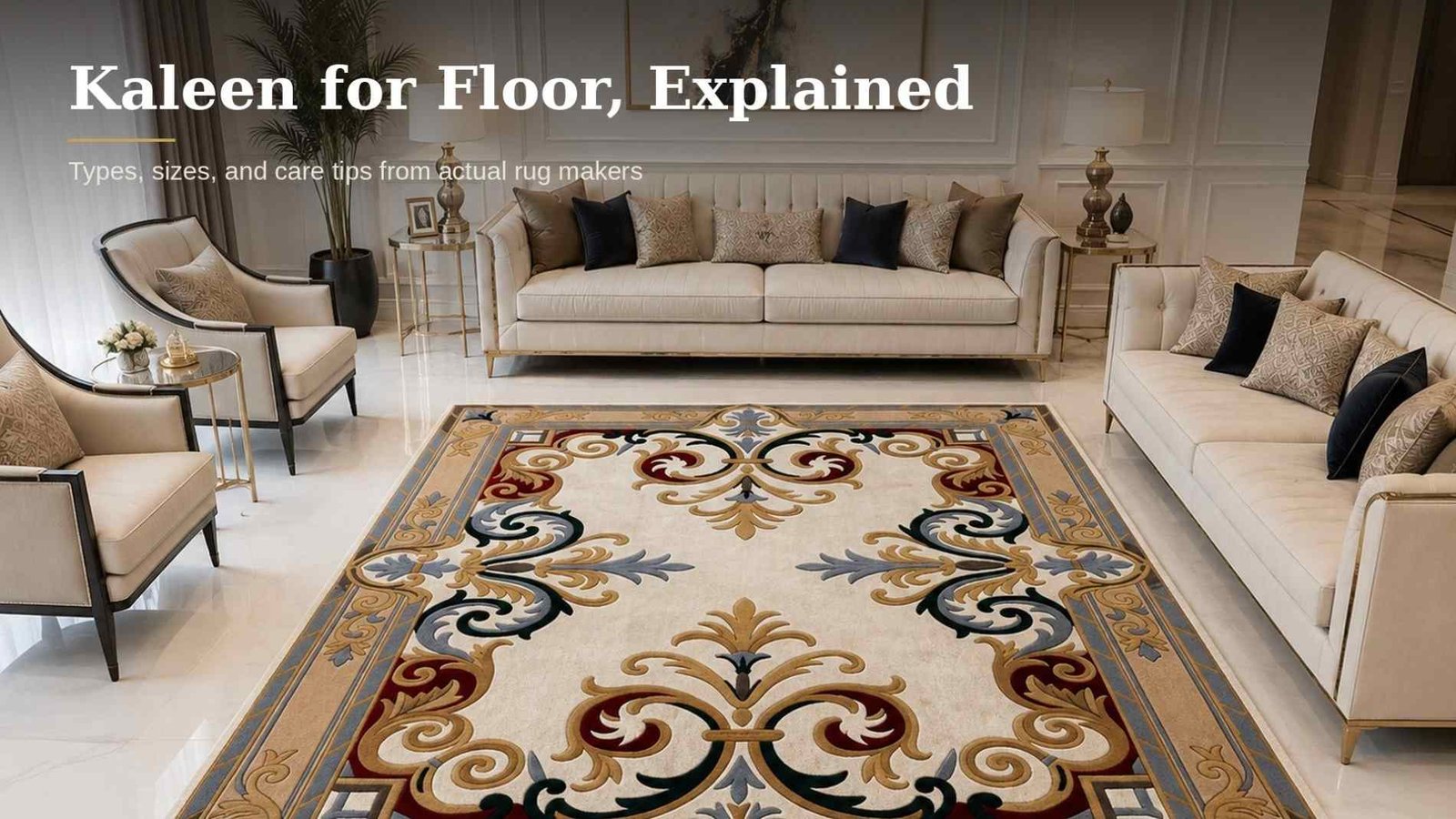Hand knotted kaleen for floor with a floral medallion pattern in a beige living room