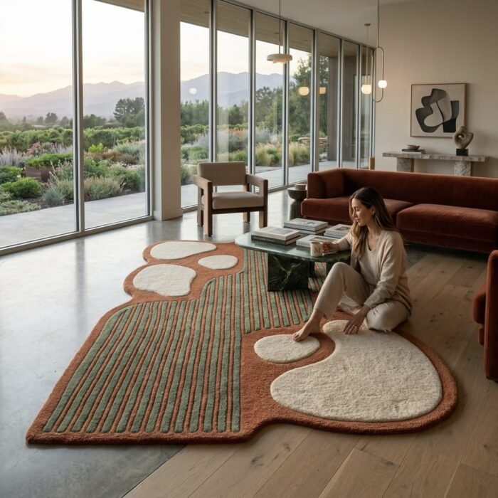 Terracotta Teal Abstract Rug handmade rug - Indian Carpets
