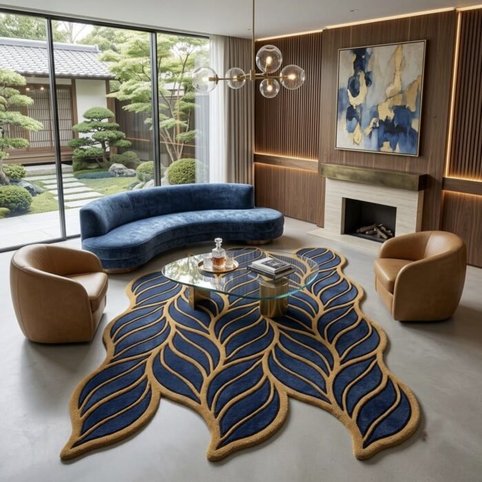 Gilded Navy Leaf Rug handmade rug - Indian Carpets