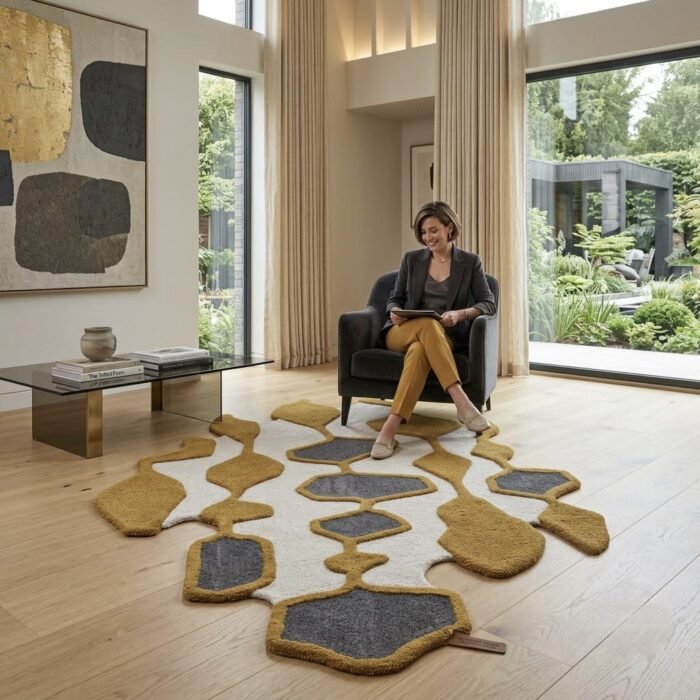 Ochre Pebble Network Rug handmade rug - Indian Carpets