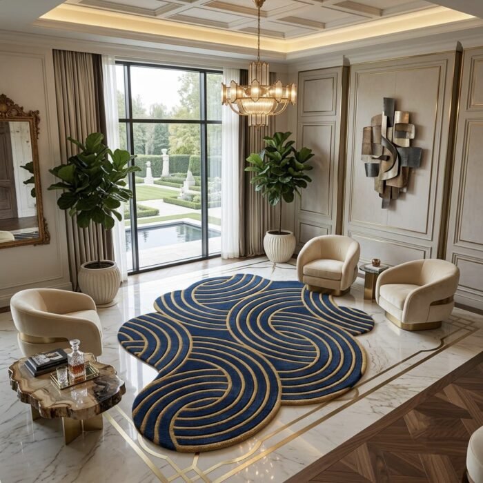 Navy Gilded Flow Rug handmade rug - Indian Carpets