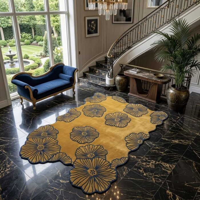 Golden Navy Floral Rug handmade rug - Indian Carpets