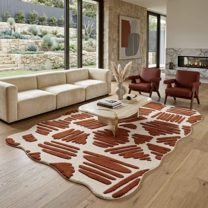Terracotta Brushstroke Rug handmade rug - Indian Carpets