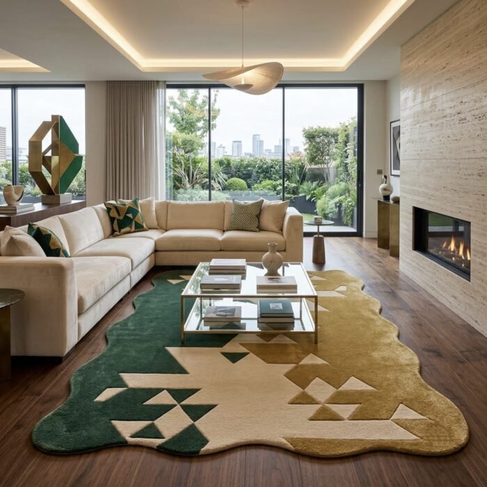 Green gold modern rug styled beneath a contemporary living room seating area with cream sofa and wood flooring