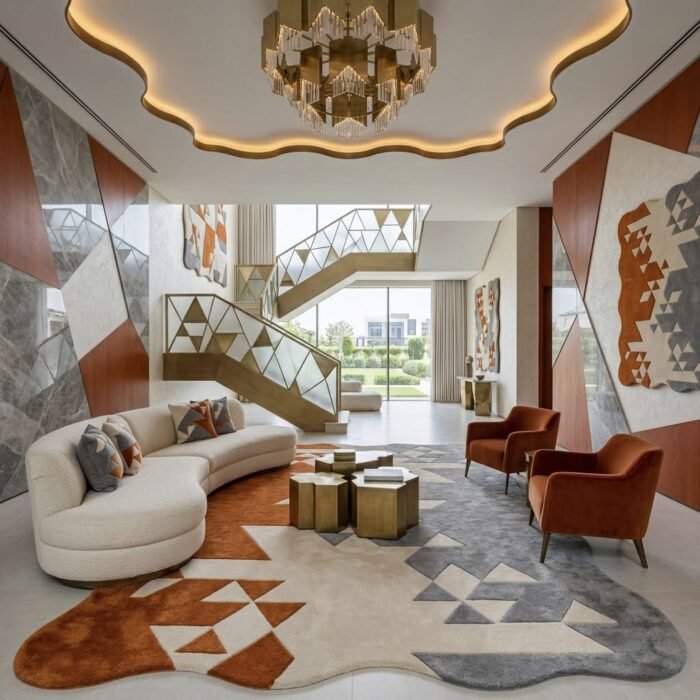 Modern Orange Gray Geometric Rug handmade rug - Indian Carpets