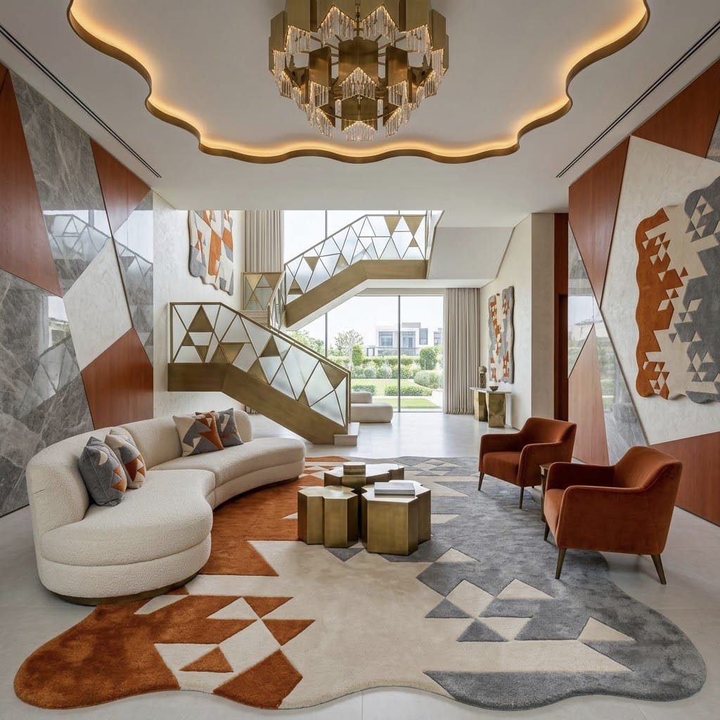 Modern Orange Gray Geometric Rug