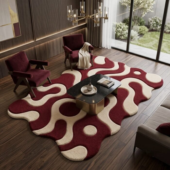 : Irregular burgundy modern rug with sculptural curved edges and contrasting cream organic pattern