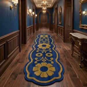 Majestic Blue & Gold Ornamental Runner Rug with DEEP NAVY BLUE, GOLD, FLORAL, FLORAL SCROLL, FLOWER CARPET, ORNAMENTAL, ORNATE SWIRL, SCROLLWORK, Symmetrical – product image 1