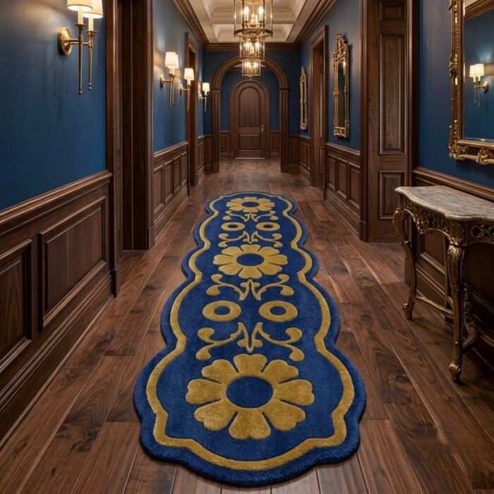Majestic Blue & Gold Ornamental Runner Rug with DEEP NAVY BLUE, GOLD, FLORAL, FLORAL SCROLL, FLOWER CARPET, ORNAMENTAL, ORNATE SWIRL, SCROLLWORK, Symmetrical – product image 1
