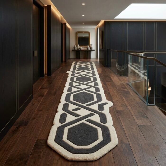 Charcoal Hexagon Geometric Runner Rug handmade rug - Indian Carpets