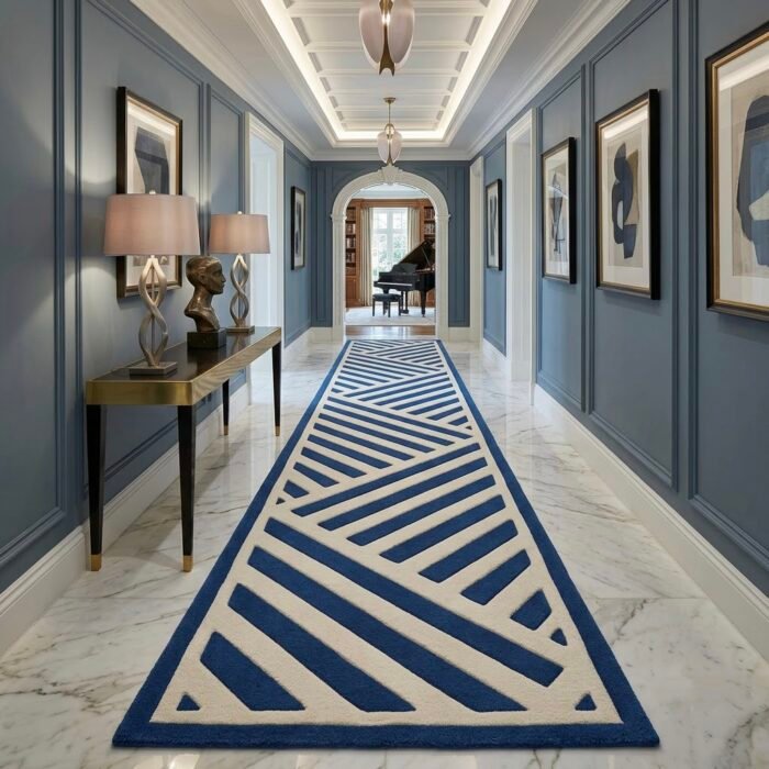 Cobalt Blue Interlocking Stripe Runner Rug handmade rug - Indian Carpets