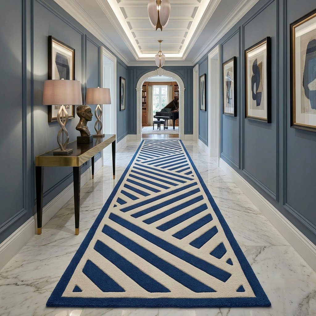 Cobalt Blue Interlocking Stripe Runner Rug