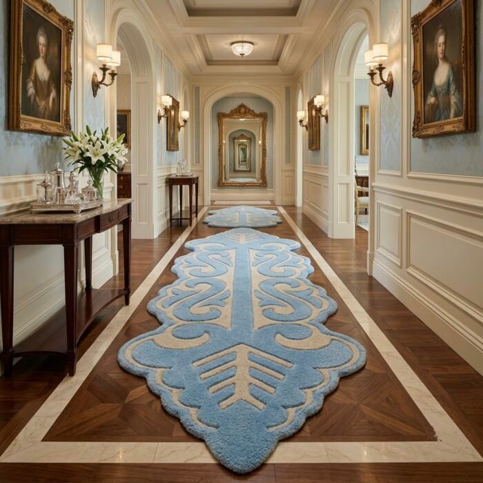 Light Blue Ornamental Runner Rug handmade rug - Indian Carpets