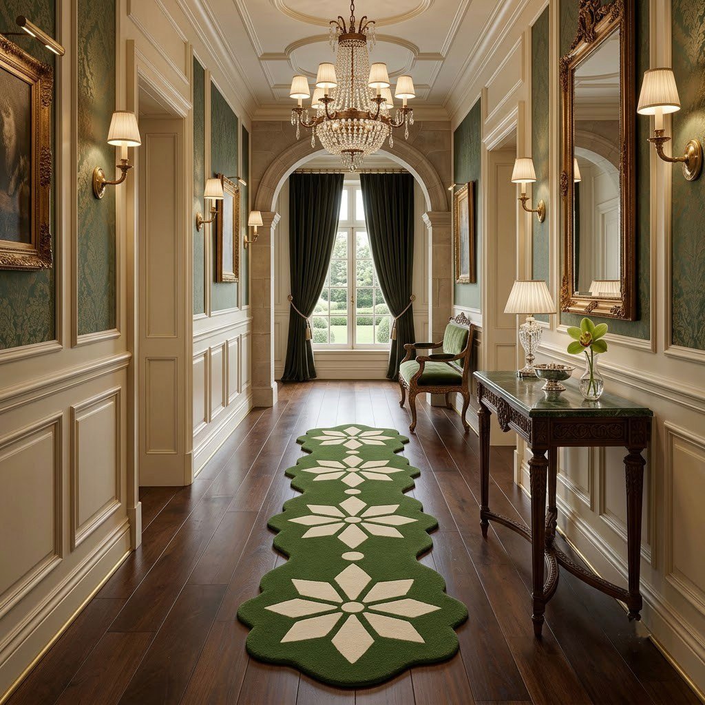 Forest Green & Ivory Floral Runner Rug