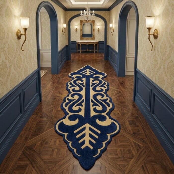 Royal Navy & Ivory Scrollwork Runner Rug with NAVY BLUE, OFF WHITE, ORNAMENTAL, ORNATE SWIRL, CREATIVE – product image 1