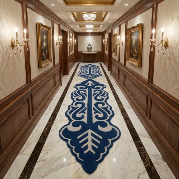 Royal Navy Scrollwork Runner Rug with NAVY BLUE, OFF WHITE, ORNAMENTAL, ORNATE SWIRL, CREATIVE – product image 1