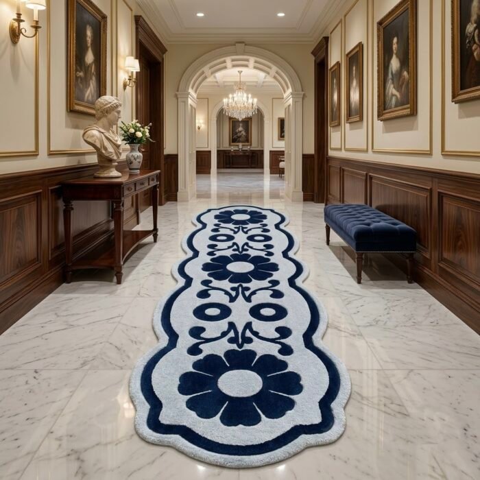 Navy & Icy Blue Floral Runner Rug with NAVY BLUE, LIGHT BLUE, FLORAL, ORNAMENTAL, CREATIVE – product image 1