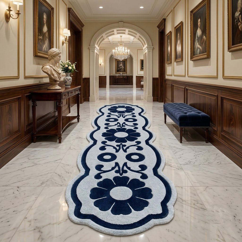 Navy & Icy Blue Floral Runner Rug