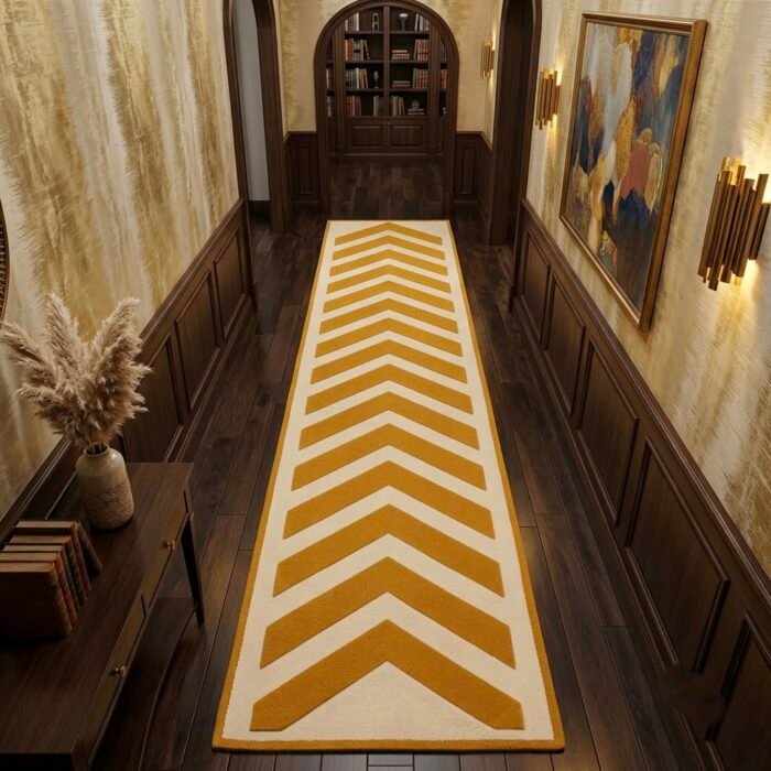 Gilded V-Line Geometric Runner Rug with GOLD, OFF WHITE, GEOMETRIC, GRAPHIC, CREATIVE, HAND TUFTED – product image 1
