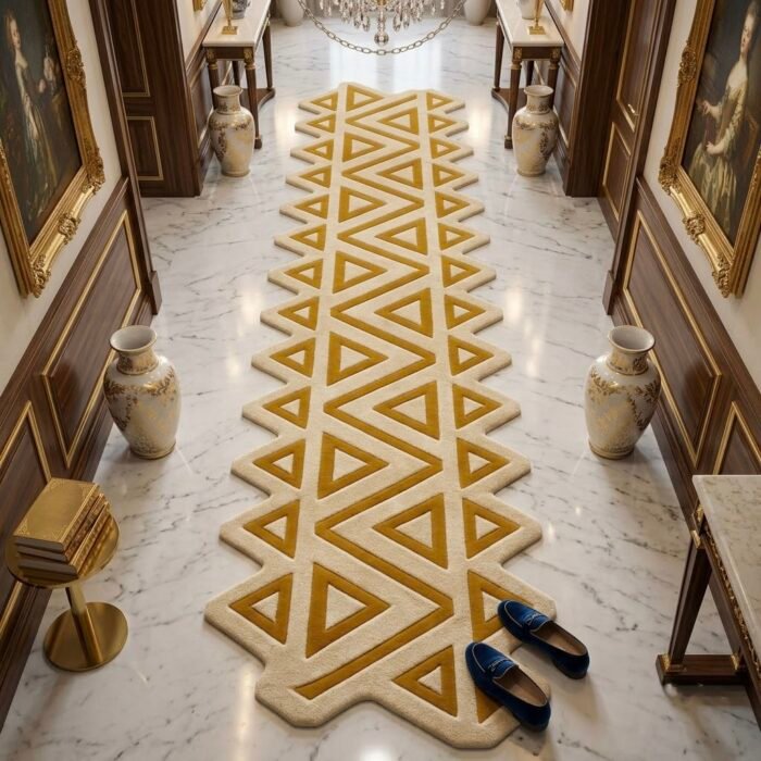 Golden Ivory Architectural Runner Rug with GOLD, OFF WHITE, GEOMETRIC, GRAPHIC, CREATIVE, HAND TUFTED – product image 1