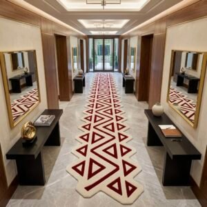 Burgundy & Ivory Triangle Geometric Runner Rug with BURGUNDY, OFF WHITE, GEOMETRIC, GRAPHIC, CREATIVE, HAND TUFTED – product image 1