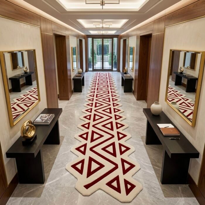 Burgundy & Ivory Triangle Geometric Runner Rug with BURGUNDY, OFF WHITE, GEOMETRIC, GRAPHIC, CREATIVE, HAND TUFTED – product image 1