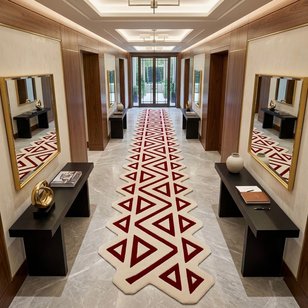 Burgundy & Ivory Triangle Geometric Runner Rug