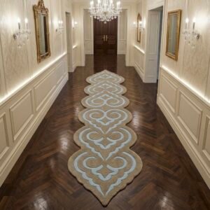 Camel & Blue Ornamental Runner Rug with TAN, LIGHT BLUE, DARK BROWN, ORNAMENTAL, ORNATE SWIRL, SCROLLWORK, Symmetrical, HAND TUFTED – product image 2