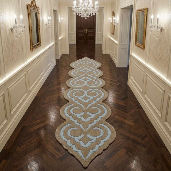 Camel & Blue Ornamental Runner Rug with TAN, LIGHT BLUE, DARK BROWN, ORNAMENTAL, ORNATE SWIRL, SCROLLWORK, Symmetrical, HAND TUFTED – product image 2