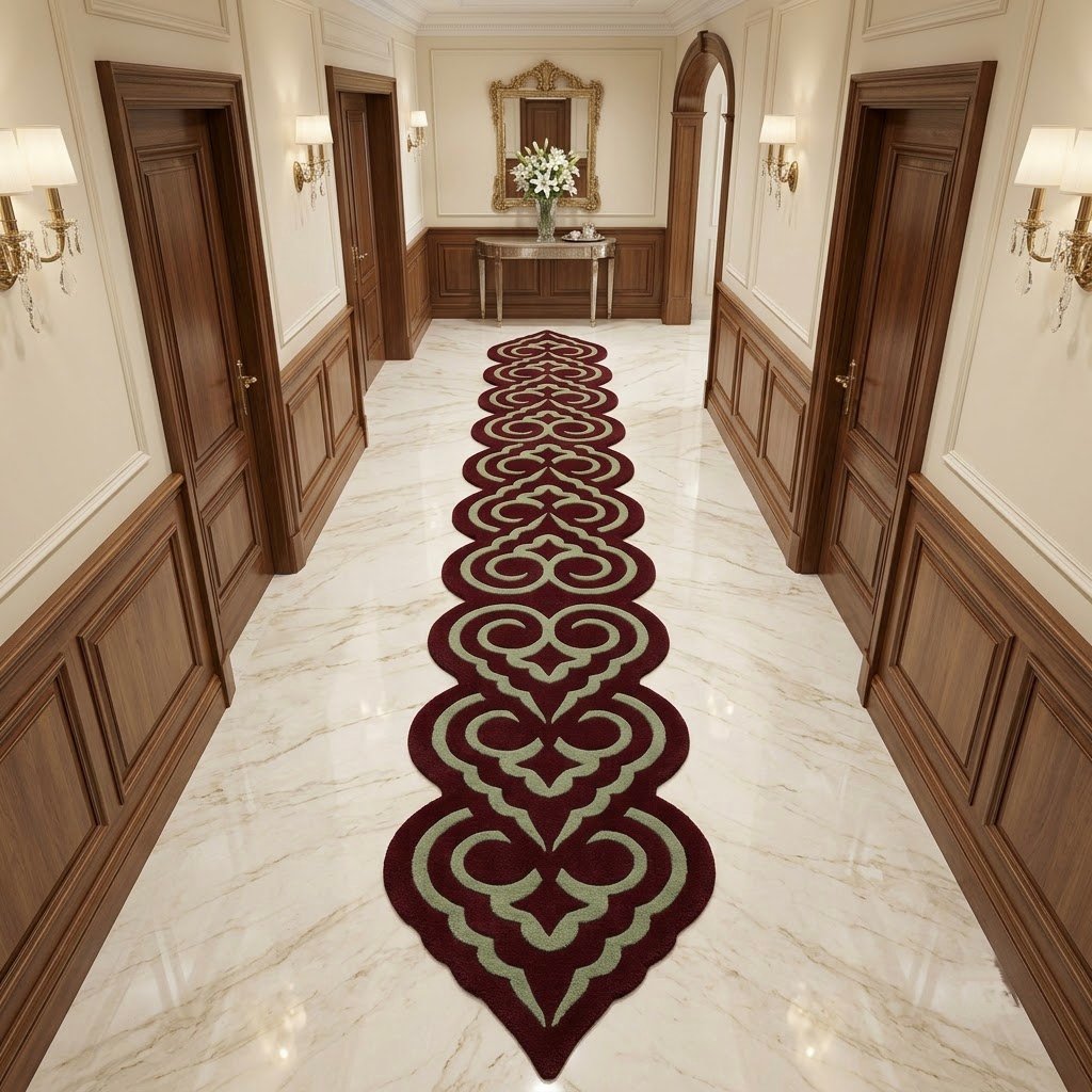 Burgundy & Grey Ornamental Runner Rug