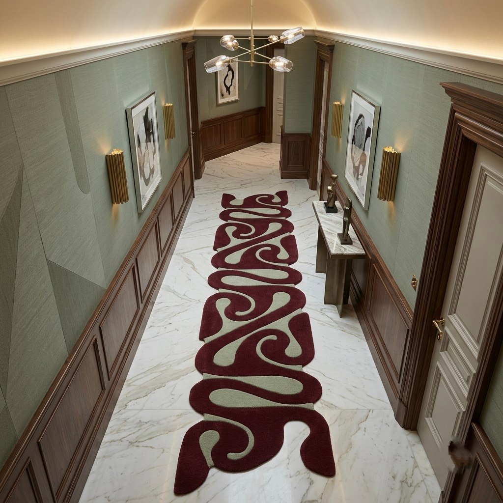 Burgundy & Ivory Abstract Swirl Runner Rug