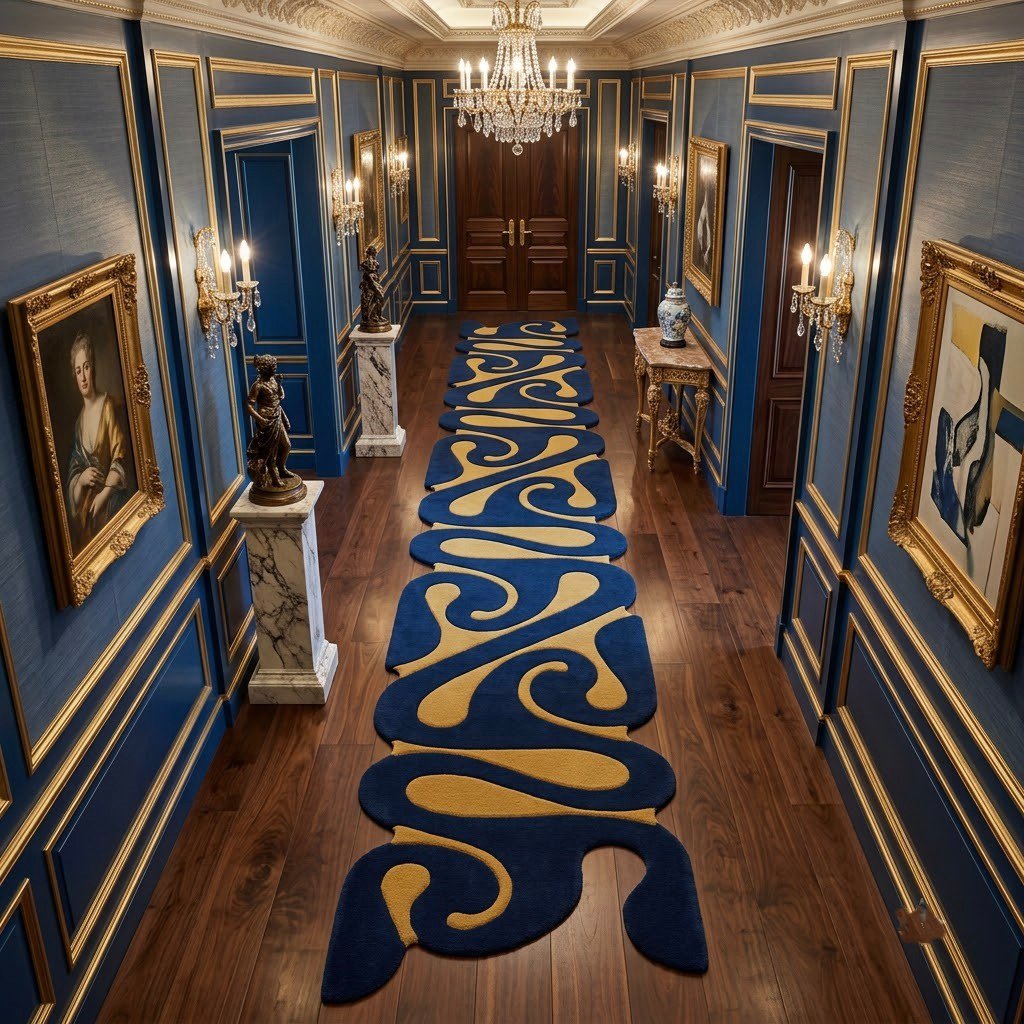 Royal Navy & Antique Gold Abstract Swirl Runner Rug