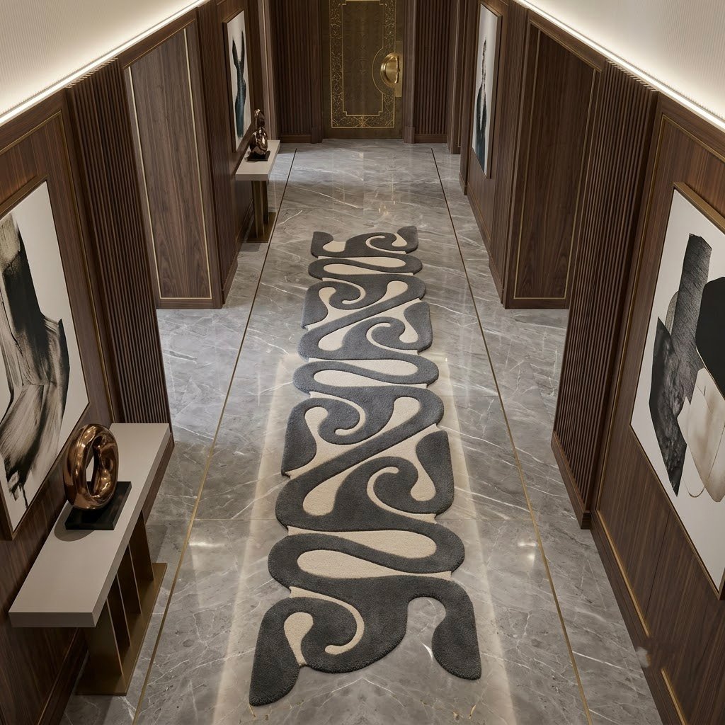 Charcoal & Ivory Abstract Swirl Runner Rug